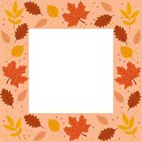 Flat autumn leaf frame with copy space in center. Colorful fall foliage border in warm shades of orange, red and yellow. Ideal for seasonal greeting cards and invitations. vector