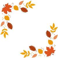 Flat autumn leaf corner frame on white background. Decorative foliage border in warm tones for greeting cards, seasonal banners, or invitations. vector