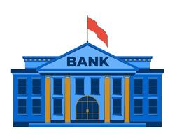 Classic bank building with red flag fluttering 2D cartoon object. Financial institution with columns. Banking government facility isolated element flat clip art on white. Spot illustration vector