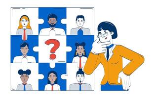 Finding missing piece in HR puzzle problem doodle illustration concept. Female manager pondering over recruitment challenge cartoon 2D characters isolated on white. Hand drawn metaphor vector