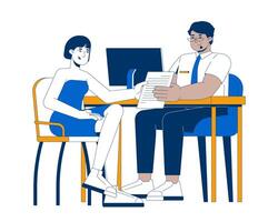 Asian female client consulting bank representative arab man 2D cartoon characters. Discussing document. Chinese woman meeting advisor flat people isolated on white. Spot illustration colorful vector