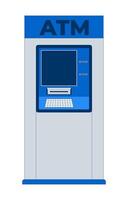 Modern automated teller machine front view 2D cartoon object. Standalone ATM cashpoint terminal with screen, keypad, card slots isolated element flat clip art on white. Spot illustration vector