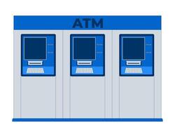 Row of three ATM machines for public banking 2D cartoon object. Automated teller devices withdrawal. Financial self service cashpoints isolated element flat clip art on white. Spot illustration vector