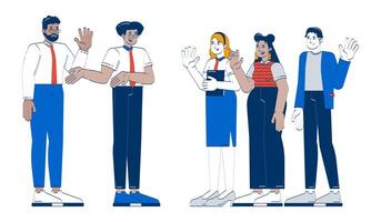 Diverse team greeting new employee doodle cartoon illustration. Manager introducing. Office colleagues welcoming newbie 2D flat characters isolated on white. Doodleart hand-drawn drawing colorful vector