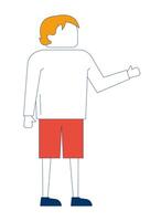 Faceless blond young man in red shorts gesturing 2D cartoon character. Minimal casual standing guy raising one hand in gesture flat person isolated on white. Spot illustration colorful vector