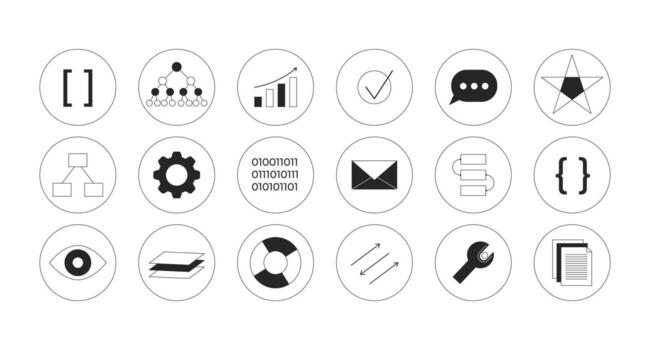 Technology and data 2D line round stickers objects set. Coding, charts, data structure, tools, ui components isolated circle cliparts ink outline items. Monochrome spot illustrations collection vector