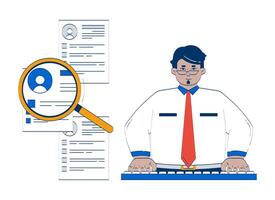 HR manager screening resumes with magnifying glass doodle illustration concept. Candidate search. Employee select loupe recruiter cartoon 2D character isolated on white. Hand drawn metaphor vector