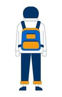 Back view boy standing with backpack 2D cartoon character. Student with school bag. Young man traveler in everyday look flat faceless person isolated on white. Spot illustration colorful vector