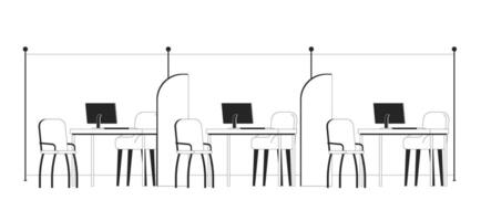 Empty modern office workstations with dividers outline illustration. Bank interior cubicles. Organized desks with chairs, computers 2D line scene isolated on white. Monochrome ink linear image vector