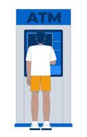 Back view black man using ATM device 2D cartoon character. African american guy cash withdrawal from automated teller machine flat person isolated on white. Spot illustration colorful vector