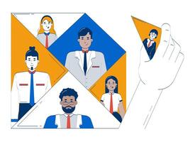 Team building business doodle illustration concept. HR hand selecting right candidate for staff. Collaboration teambuilding cartoon 2D composition isolated on white. Hand drawn metaphor vector