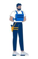 Serious black male security guard in bulletproof vest and carrying sidearm 2D cartoon character. Vigilant african american bank officer flat person isolated on white. Spot illustration colorful vector