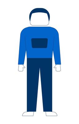 Standing faceless man in blue casual outfit 2D cartoon character. Minimalist guy in basic pose. Adult male everyday look flat person isolated on white. Spot illustration colorful