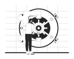 Banking employee turning handle to open bank vault door outline illustration. Black man with access to protected financial assets 2D line character isolated on white. Monochrome linear image vector