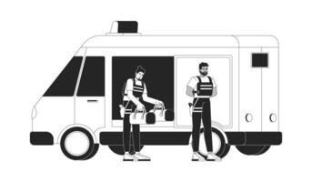 Cash in transit vehicle armored guards transport money outline illustration. Two security personnel unload bags from bank truck 2D line characters isolated on white. Monochrome ink linear image vector