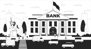 City bank building with people and urban traffic line illustration. Busy cityscape with financial district, pedestrians and cars 2D ink linear characters monochrome. Flat outline image vector