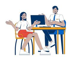 Happy client talking with financial advisor 2D cartoon characters. Cheerful middle eastern woman having discussion with civil servant flat people isolated on white. Spot illustration colorful vector