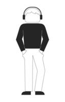 Faceless man with headphones and hands in pockets 2D line character. Teenager gen z. Young guy standing, listening to music isolated ink outline person. Monochromatic spot illustration vector