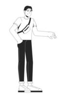 Casual young asian man with crossbody sling bag 2D line character. Cool style. Relaxed chinese guy standing with one hand extended isolated ink outline person. Monochromatic spot illustration vector