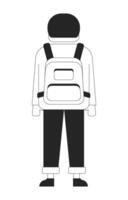 Back view boy standing with backpack 2D line character. Student with school bag. Young man traveler in everyday look isolated ink outline person faceless. Monochromatic spot illustration vector