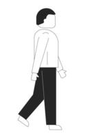 Faceless man walking side view 2D line character. Caucasian male figure in casual wear. Modern everyday asian guy isolated ink outline person. Monochromatic spot illustration vector