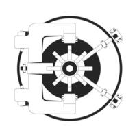 Circular bank vault wheel 2D line object. Armored lock safe steel door with locking mechanisms. Secure banking protection isolated clipart ink outline item. Monochrome spot illustration vector