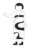 Faceless asian woman in artistic dress with shoulder bag 2D line character. Street fashion. Japanese girl gesturing with one hand isolated ink outline person. Monochromatic spot illustration vector