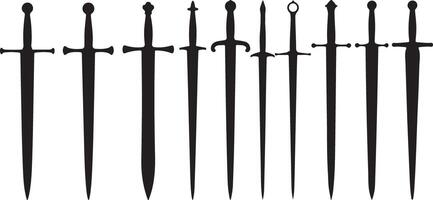 Collection of Twelve Black Silhouettes of Medieval Swords Various Designs and Sizes Traced Illustration vector