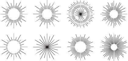 Eight Black and White Traced Sunburst Designs Variations in Circular Geometric Patterns Isolated on White Background Graphics vector