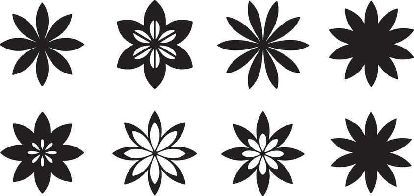 Eight Black and White Traced Floral Designs Eight Variations of Stylized Flowers Black and White Geometric Patterns Simple Flower Icons Graphics