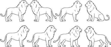 Eight Black and White Traced Line Drawings of Lions in Various Poses Standing and Sitting Profile and Facing Each Other vector