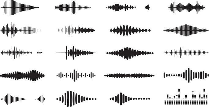 Black and White Traced Sound Waveforms Collection Various Styles Sizes Audio Visualizer Graphic Elements Set vector