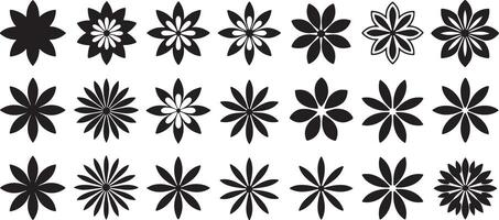 Black and White Traced Floral Designs Collection Twenty Four Simple Flower Shapes Graphic Elements Set Monochrome Botanical Illustrations vector