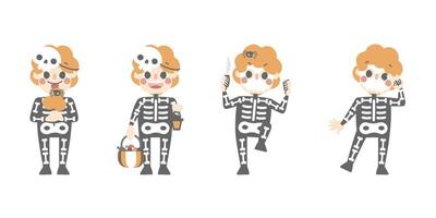 happy halloween holiday festival with character set of boys wearing skeleton costume vector