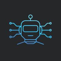 Minimalist line icon of artificial intelligence robot head with circuit lines, representing modern AI technology, innovation, automation, and digital transformation on dark background. vector