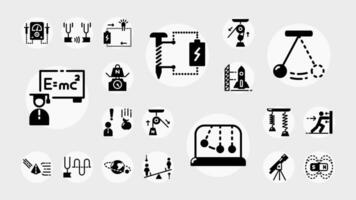Collection of solid icons representing physics, mechanics, energy, pendulums, lab tools, and scientific experiments in flat style. vector