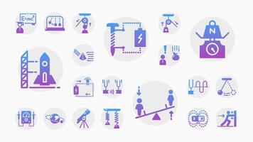 A modern set of science icons with gradient style. Includes physics tools, experiments, motion, electricity, astronomy, and educational visuals. vector