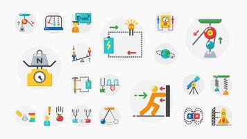 Bright flat-style icons featuring physics concepts, motion, energy, force, electricity, experiment tools, and educational science visuals. vector