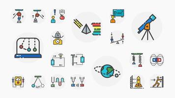 Flat colorful icons showing science experiments, motion, light, magnetism, energy, gravity, space, and astronomy equipment like telescope and planets. vector