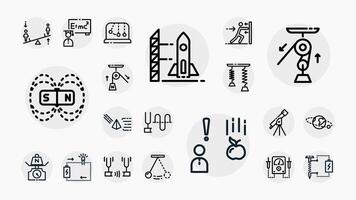 Set of outline style icons illustrating physics laws, experiments, energy, motion, magnetism, rocket launch, and science education tools. vector