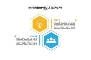 Dynamic 2-step infographic template with hexagonal elements. Perfect for showcasing ideas or processes in presentations, business reports, and educational content. Easily customizable vector