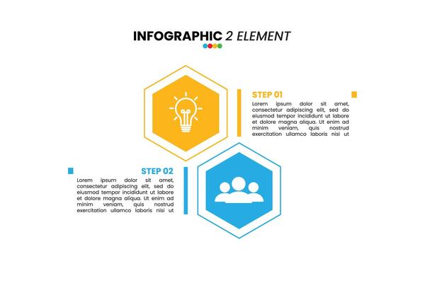 Dynamic 2-step infographic template with hexagonal elements. Perfect for showcasing ideas or processes in presentations, business reports, and educational content. Easily customizable