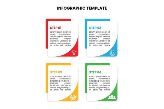 Clear 4-step infographic template with distinct sections. Ideal for showcasing sequential processes, options, or information in presentations, business reports, and educational content. Easily customi vector