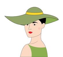 Woman with green wide hat and red lips. vector