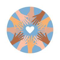 Circle of hands of diverse colors around heart. vector