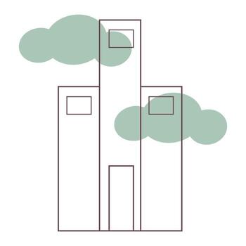 Outlined cityscape with cloudy abstract forms behind buildings. vector