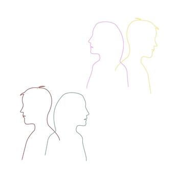 Four couples in profile drawn with colorful gradient lines. vector