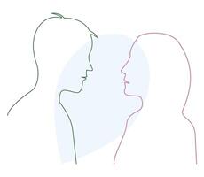 Man and woman facing each other over heart shape. vector