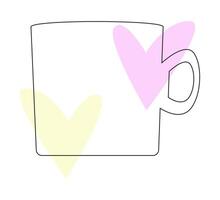 Cute mug icon with pastel heart decorations in soft hues. vector