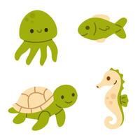 Square bundle of green sea creatures including jellyfish, fish, turtle, and seahorse, ideal for kids content vector